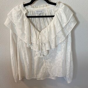Something Navy Cream Ruffled Bib Collar Long Sleeve Blouse